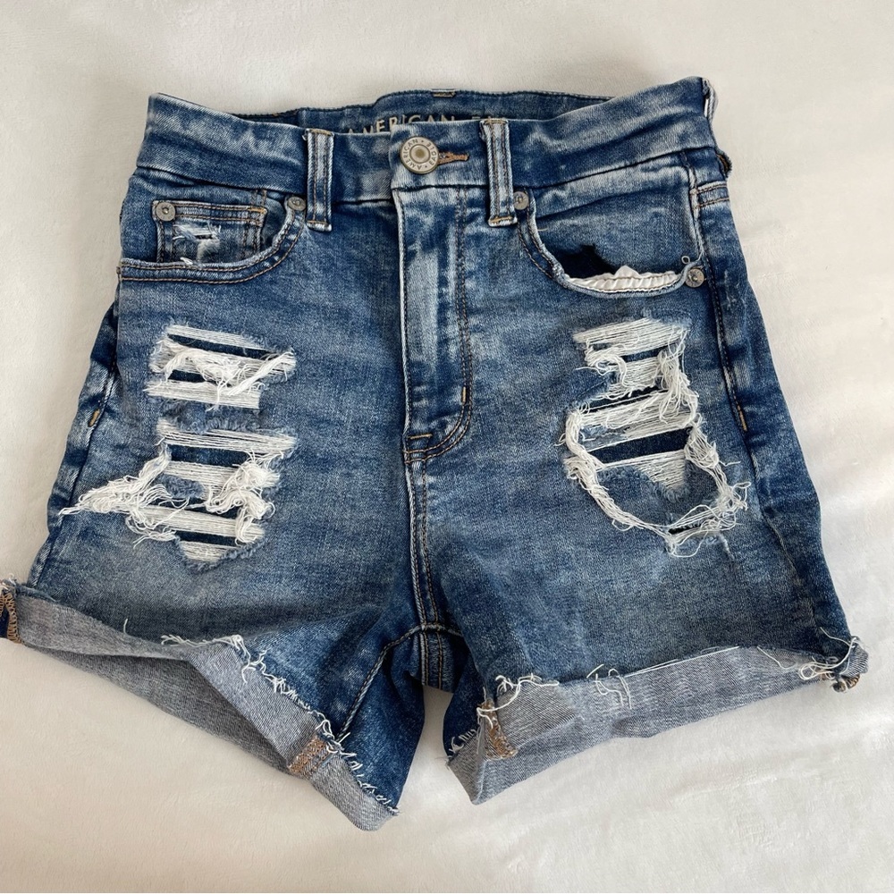 American Eagle Curvy High Rise Shortie Distressed Denim Jean Shorts Size 000